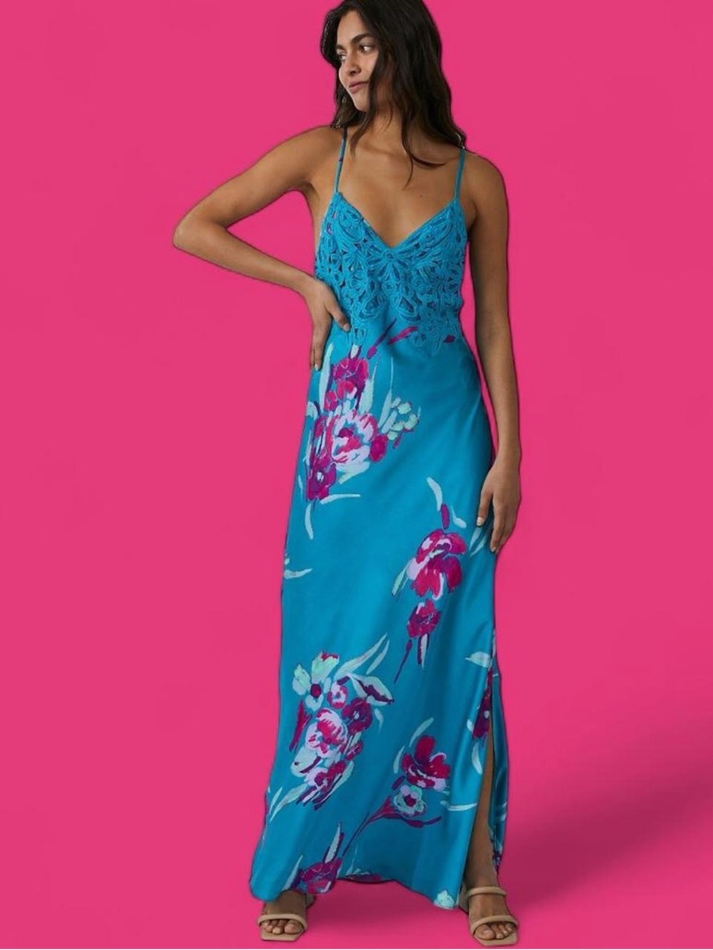 Satin fairy Floral Satin Slip Dress with Crochet Back